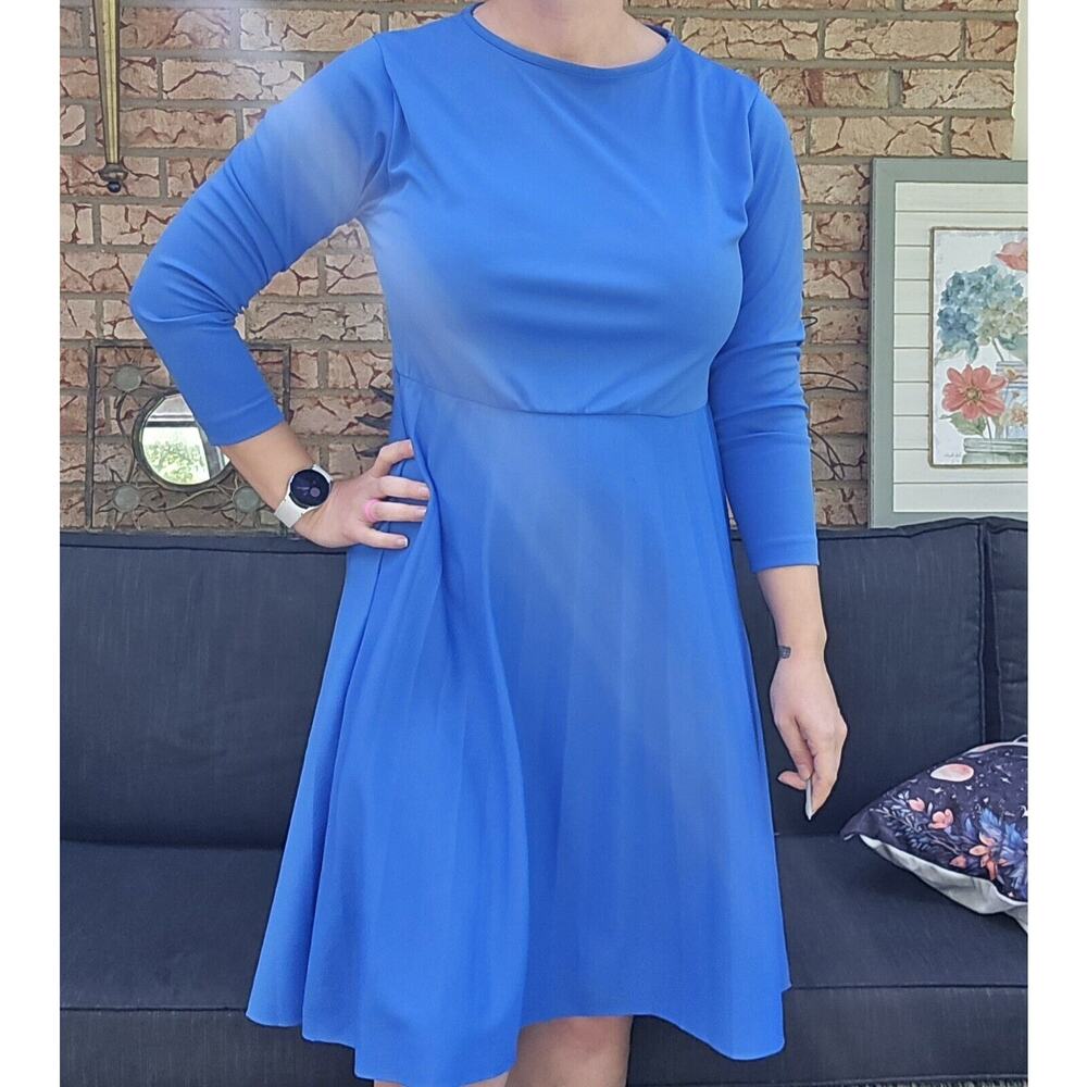 Vintage Blair Womens Blue Knee Length LS Polyester Pleated Midi Dress USA M/L
